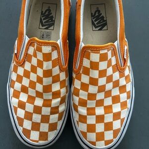Vans Orange and White Checkered Slip-On Sneakers